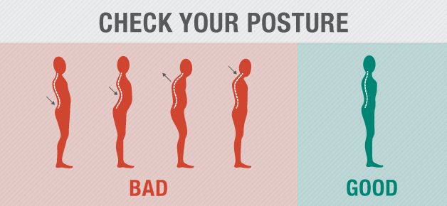 Good posture: shoulders over hips, shoulder blades down and back, chin parallel to the floor, ears over shoulders.