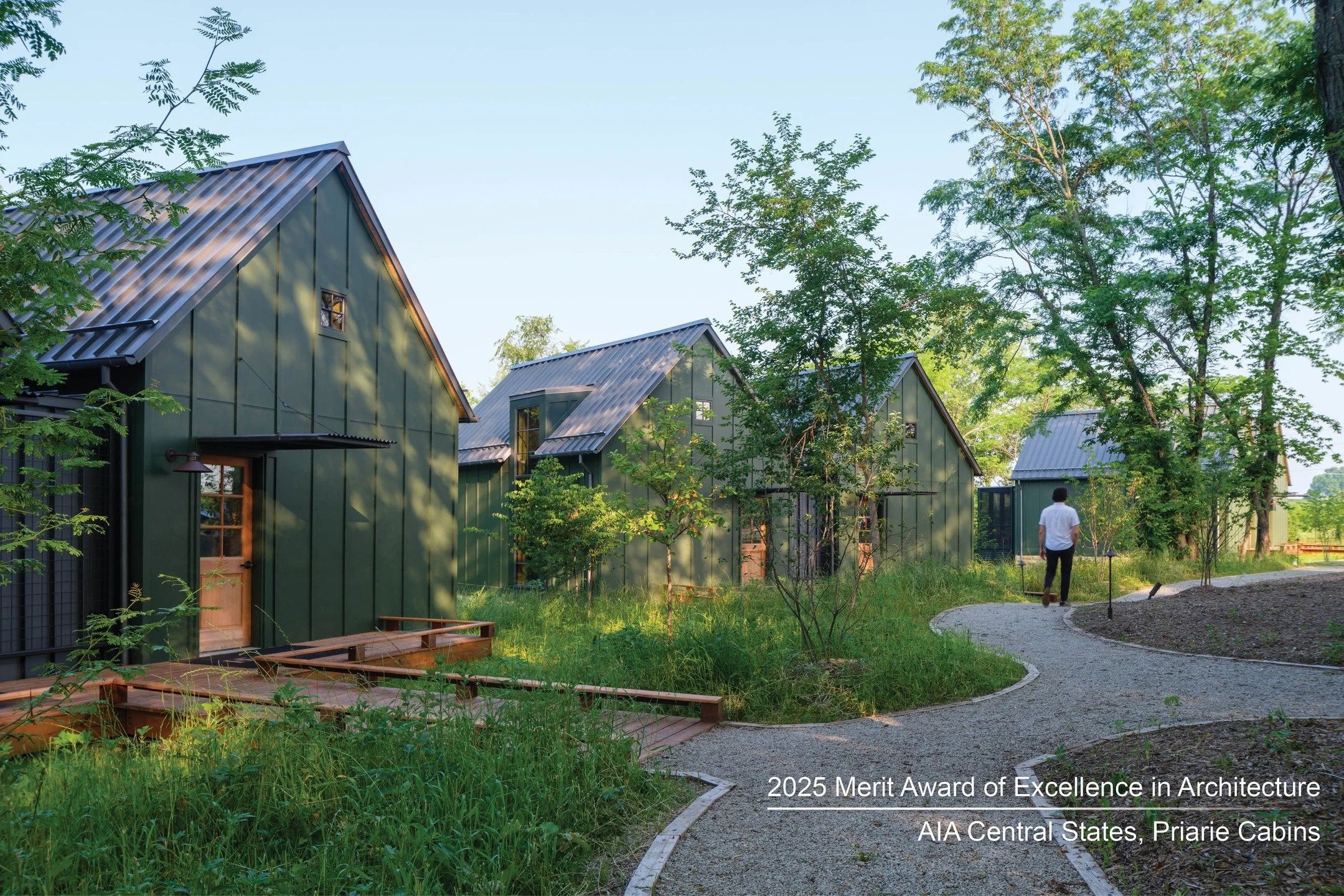 GastingerWalker&amp; and Focal Design Studio are honored to receive the 2025 AIA Central States Merit Award of Excellence in Architecture for the Prairie Cabins. Nestled in the wooded landscape of the Stanley Herzog Foundation Headquarters, the cabin