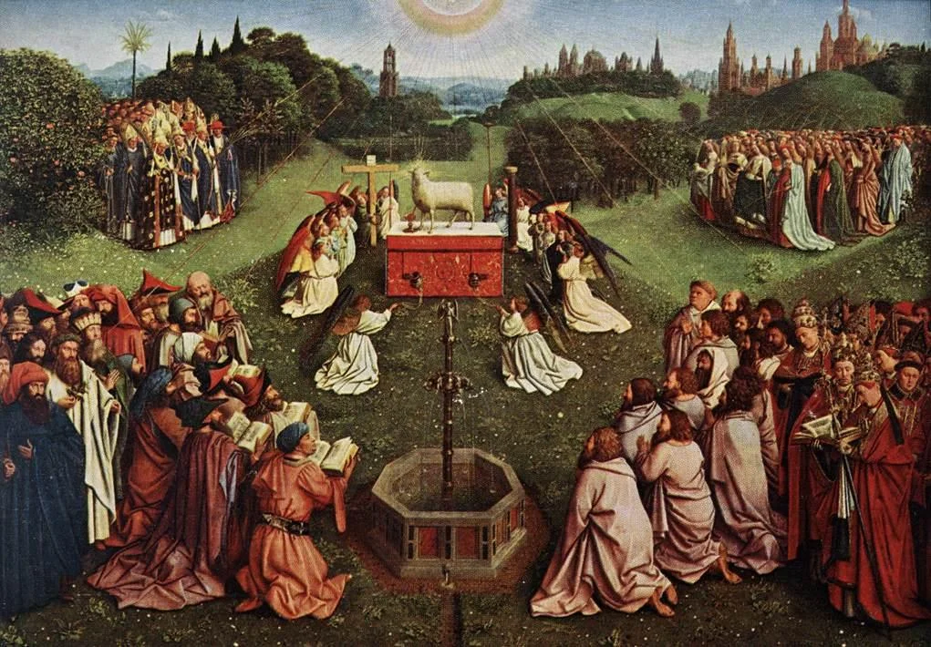 Adoration of the Lamb, Ghent Altarpiece, by Jan van Eyck, 1390-1441.