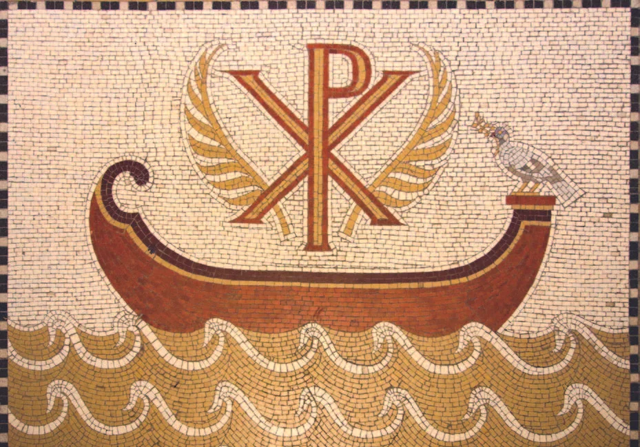 This mosaic of Christ, symbolized by the Greek letters of his name, standing in the boat which symbolizes the Church, is in the Abbey of the Dormition, on Mount Sion in Jerusalem