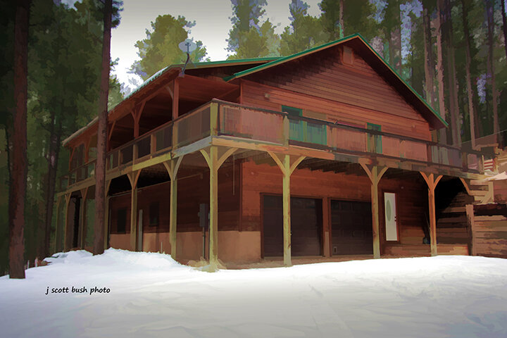 New Mexico Mountain House Feb 2019. FRAMED DIGITAL ART PRINT ON CANVAS MOUNTED ON BOARD