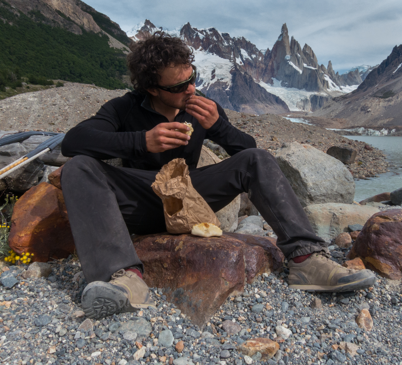  Jonathan Schaffer mowing down Empanadas, Patagonian super food, en route to the Torre Valley    