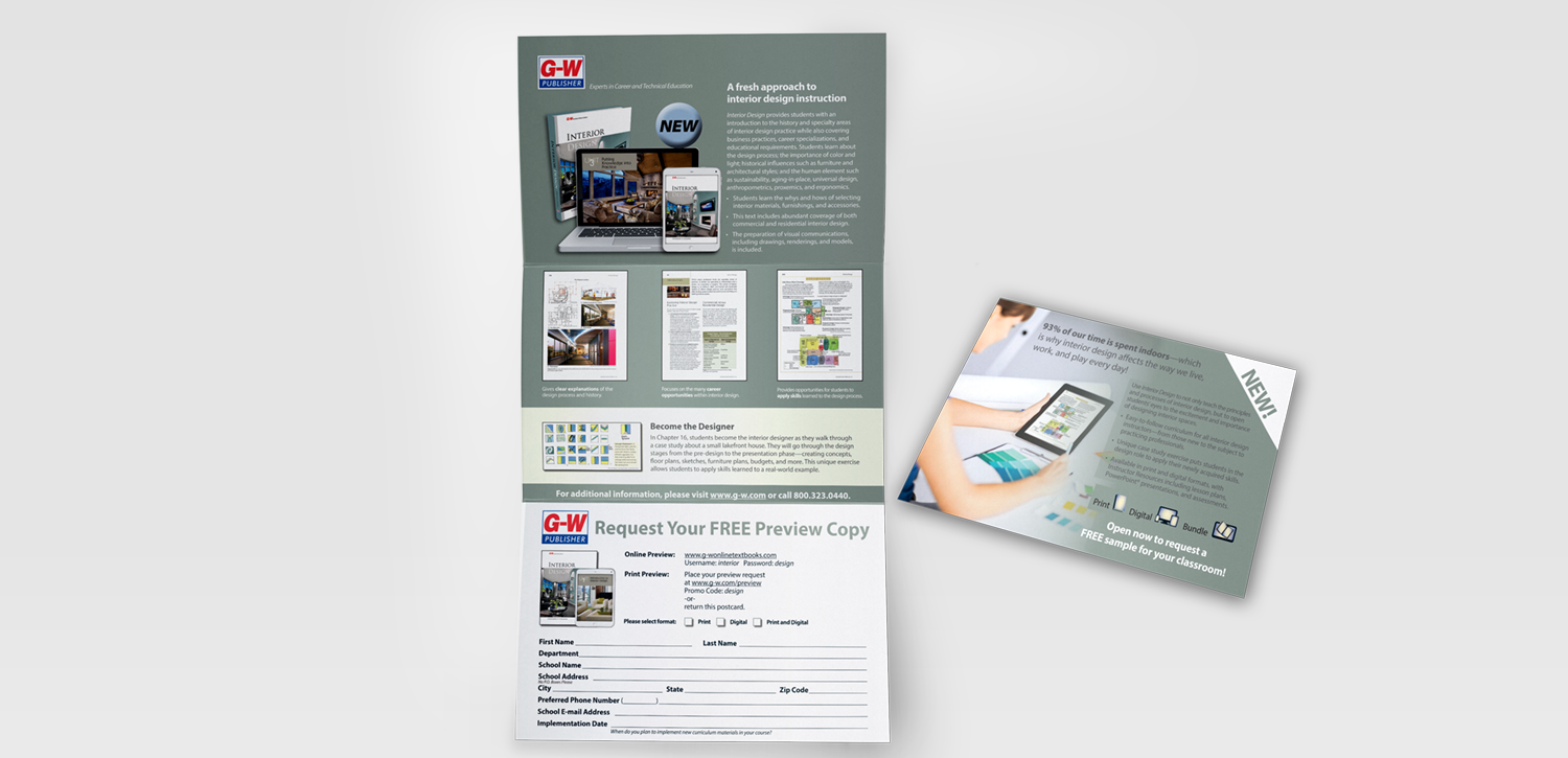 Direct mail tri-fold piece showcasing Goodheart-Willcox's text Interior Design .