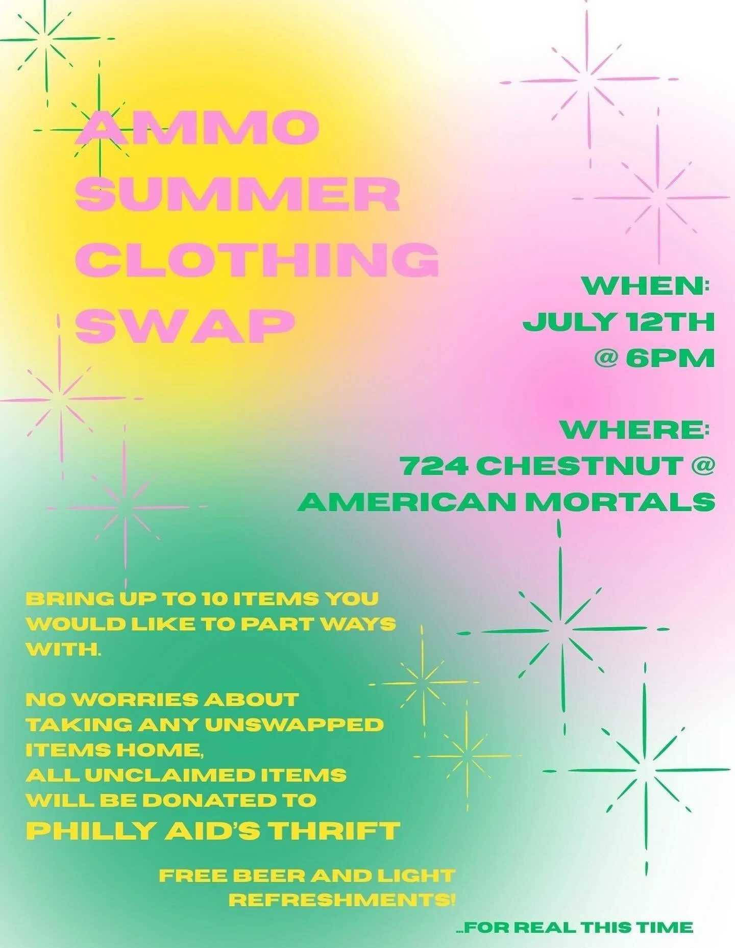TOMORROW!! 7/12 🌈
We&rsquo;ll be swapping clothes at the shop! Come through &amp; extend the lifecycle of your clothes! Enjoy refreshments &amp; good vibes with us! Clothing for all genders welcome! 🪄