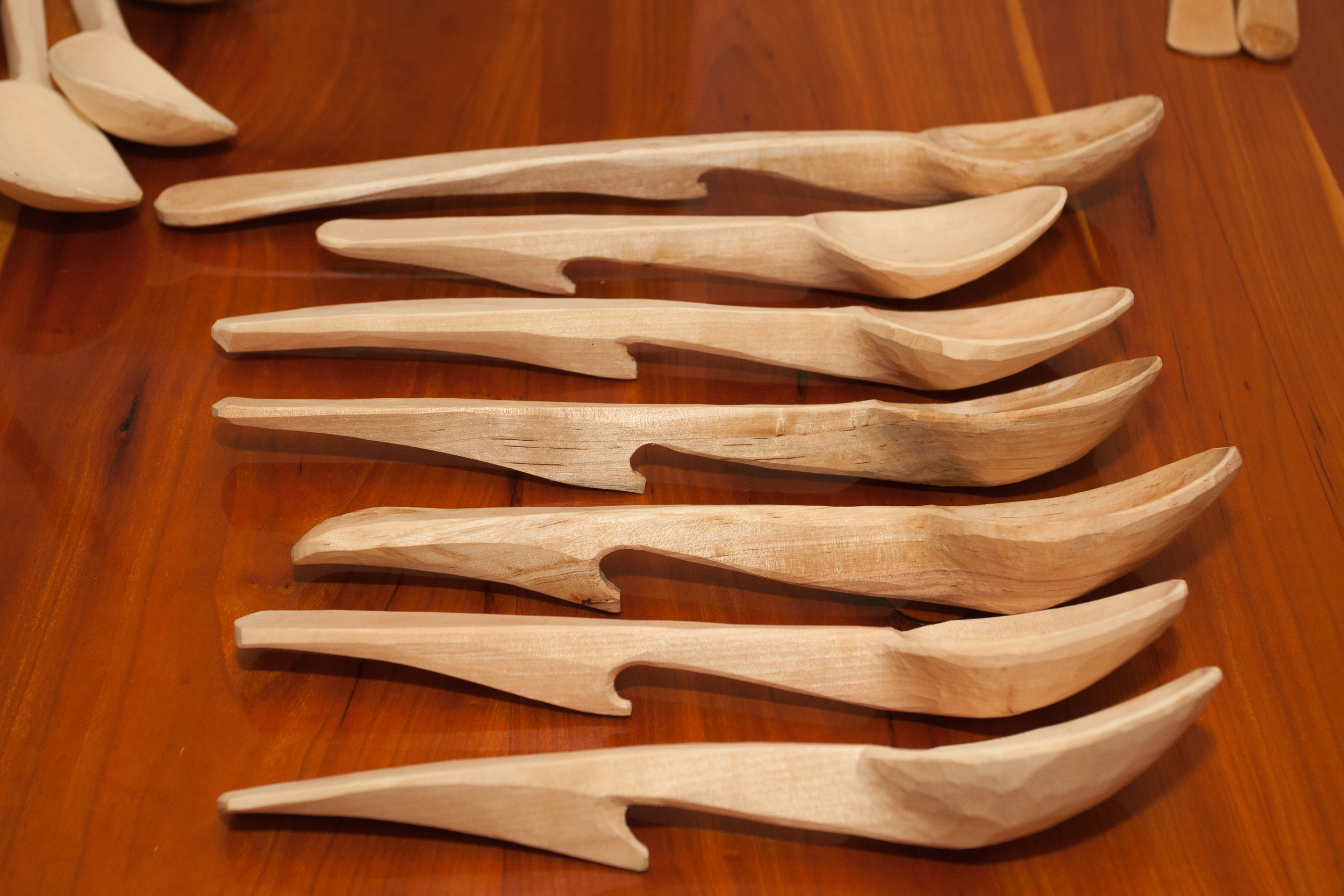 These birch serving spoons all have a hook carved into the handle to stop them from slipping into the bowl or pot. Some of the birch had started to spalt, adding some lovely colour. 