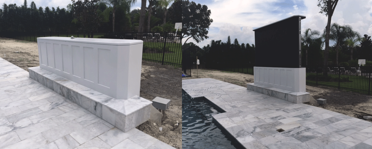Installation of a massive motorized 155″ P3 LED display Stealth Patio Theater system in a standard weatherized enclosure with IP-68, full-range 3.1 Stealth Invisible sound integrated directly into the front paneling of the display enclosure.