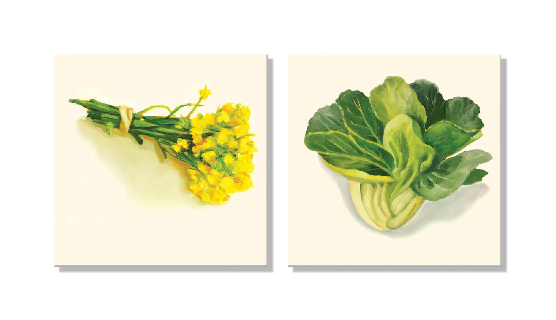 Rail Park Entry: Left: Edible Flowers of the Bok Choy ; Right: Floating Bok Choy ; both oil on panel, 10 x 10 inches each
