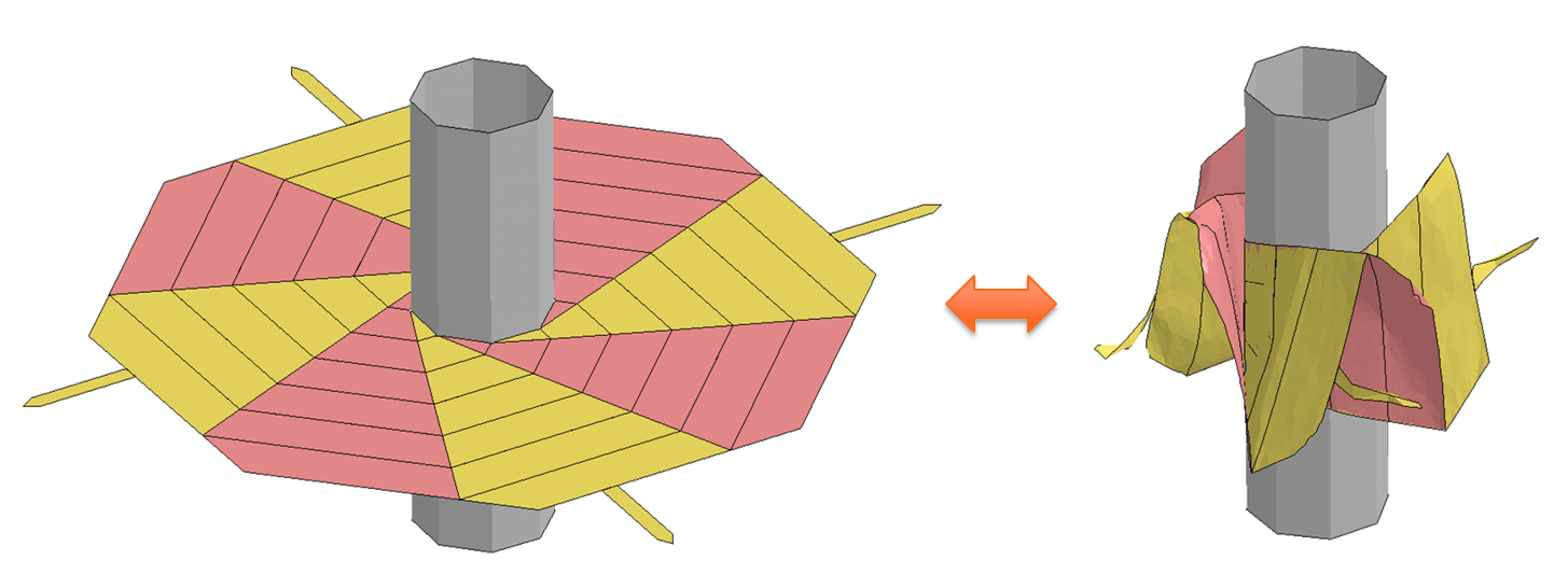Above: Wrapping and unwrapping simulation of a thin-film sheet around an eight sided hub. The black lines represent creases that allow the film to fold. However, during folding the thin-film must also bend and buckle, which requires finite element analysis software to capture.