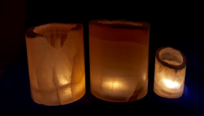 Shown here in order: 2-tea light 5 inches tall, 3-tea light 5.5 inches tall and 1-tea light size 2.5 inches tall.