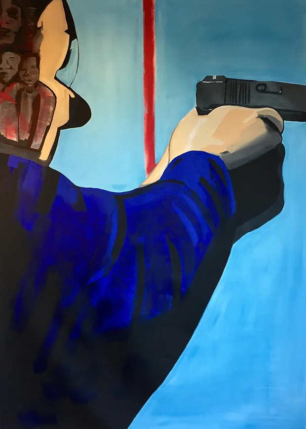 Kirk, Forrest. Judge, Jury, and Executioner (2018). Acrylic, spray paint, and gorilla glue, 72 x 108 inches. Photo provided by artist.