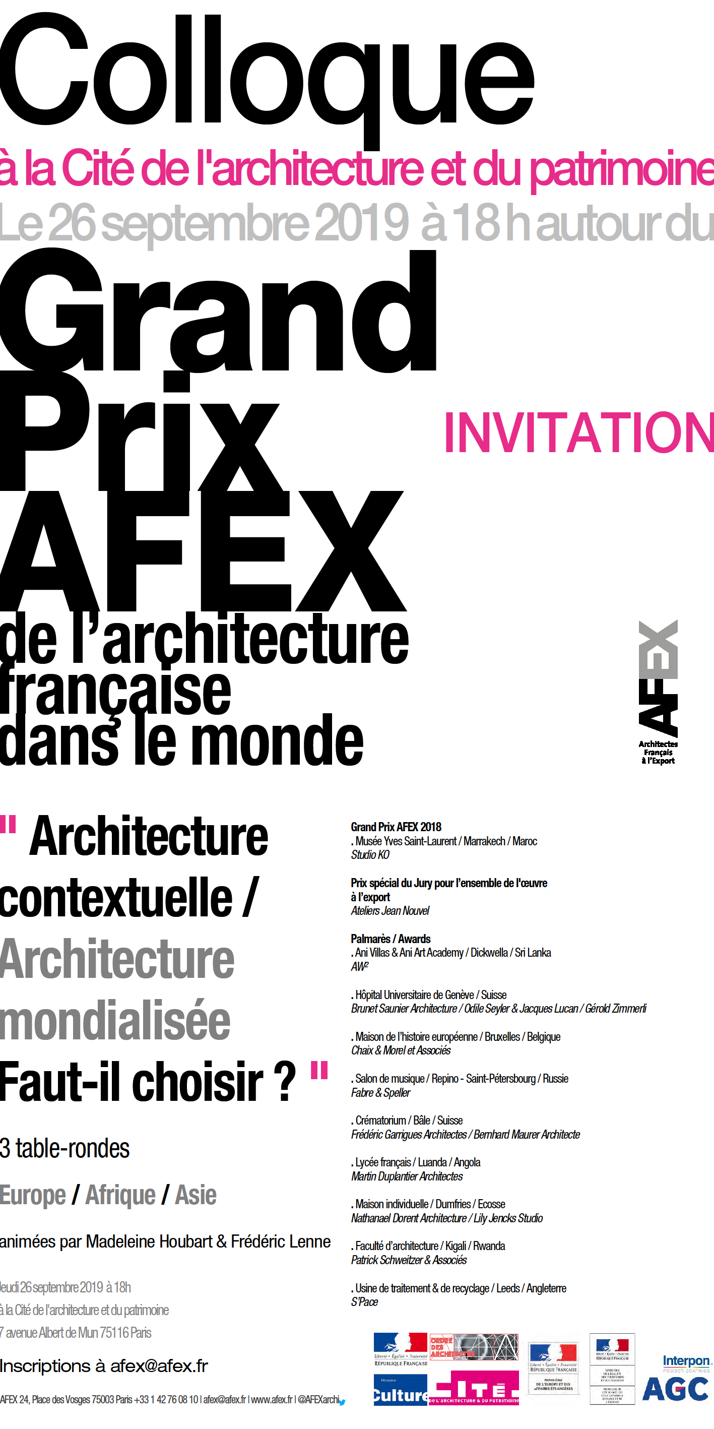 Colloque AFEX jeudi 26 septembre à 18h à la Cité de l'Architecture et du Patrimoine