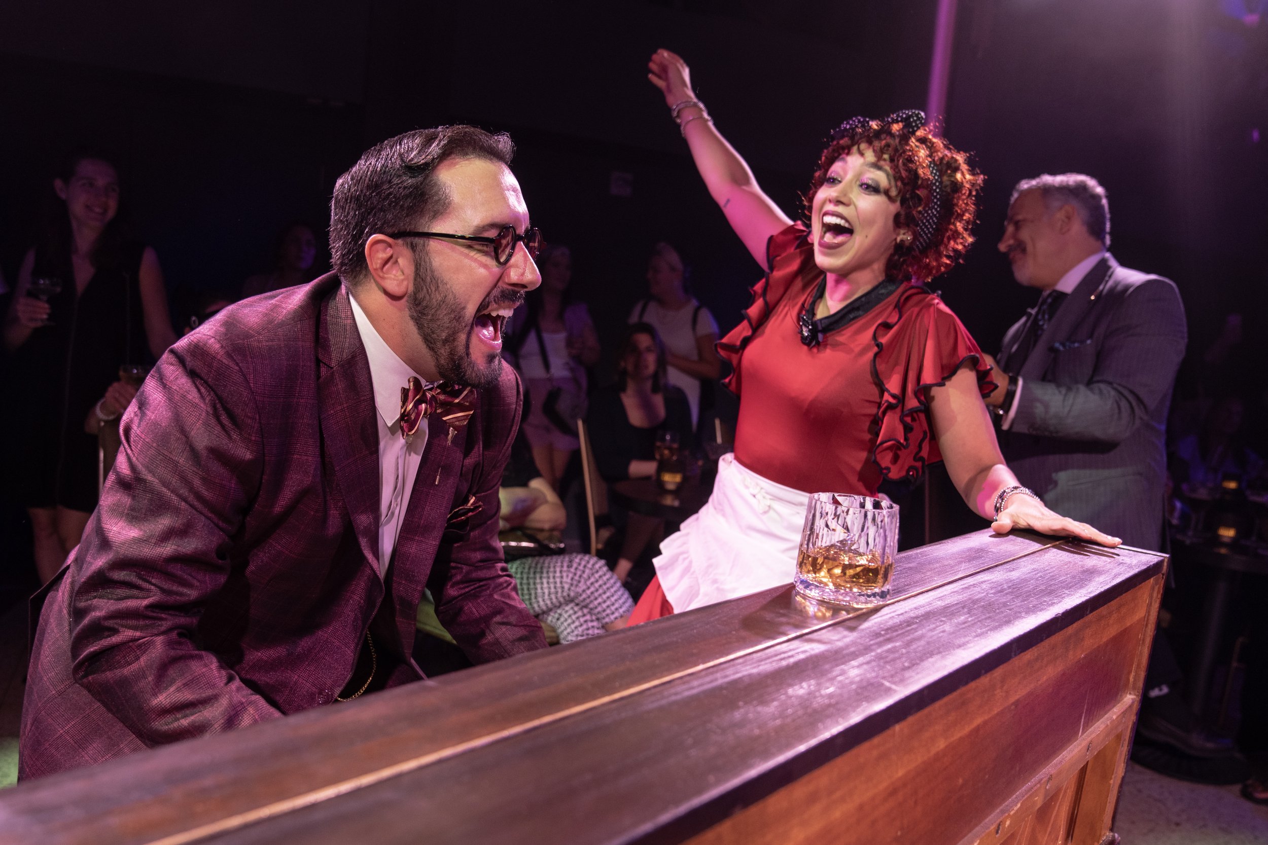  Jeremiah Ginn as Owl Eyes and Claire Saunders and Myrtle Wilson. Photo by Joan Marcus 