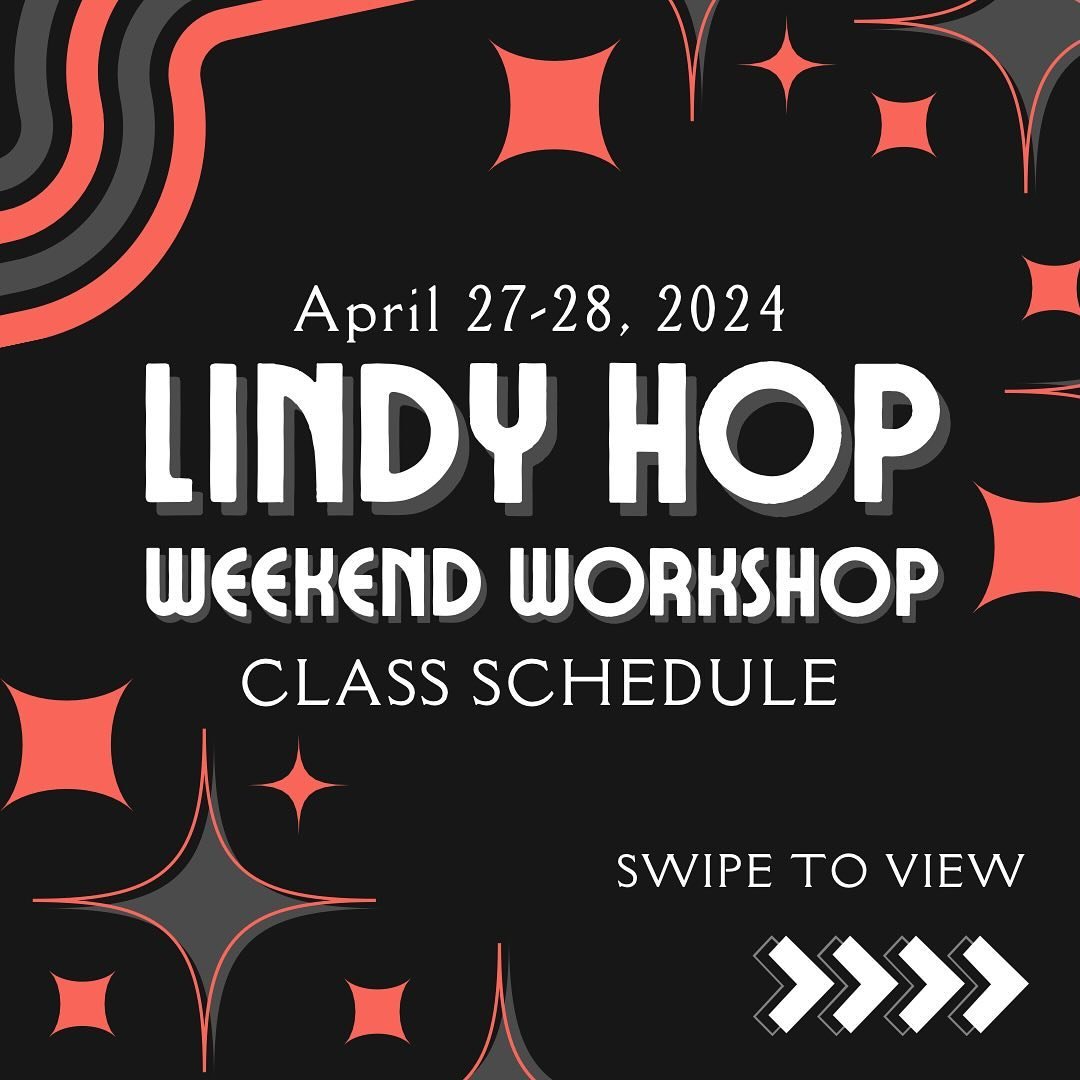 Swipe to view Matt and Andrea&rsquo;s class schedule and lesson descriptions the our Lindy Hop Workshop in April!! Early Bird Pricing ends April 13th so don&rsquo;t wait to get your tickets!