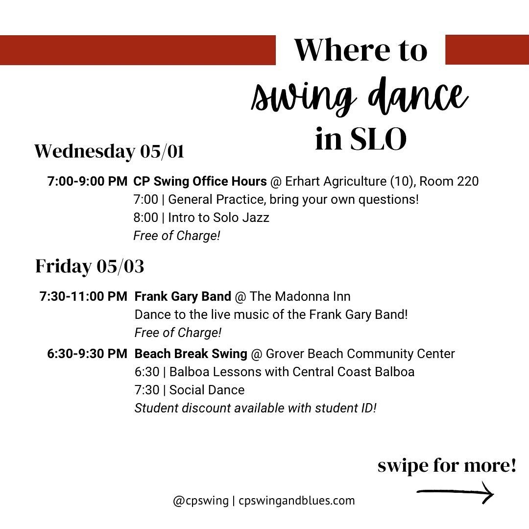 There are so many exciting places to dance this week! ✨💃🏼🪩

&mdash;

#swingdancing #eastcoastswing #lindyhop #calpolyswing #dance #dancelessons #partnerdance #vintage #1940s #1920s