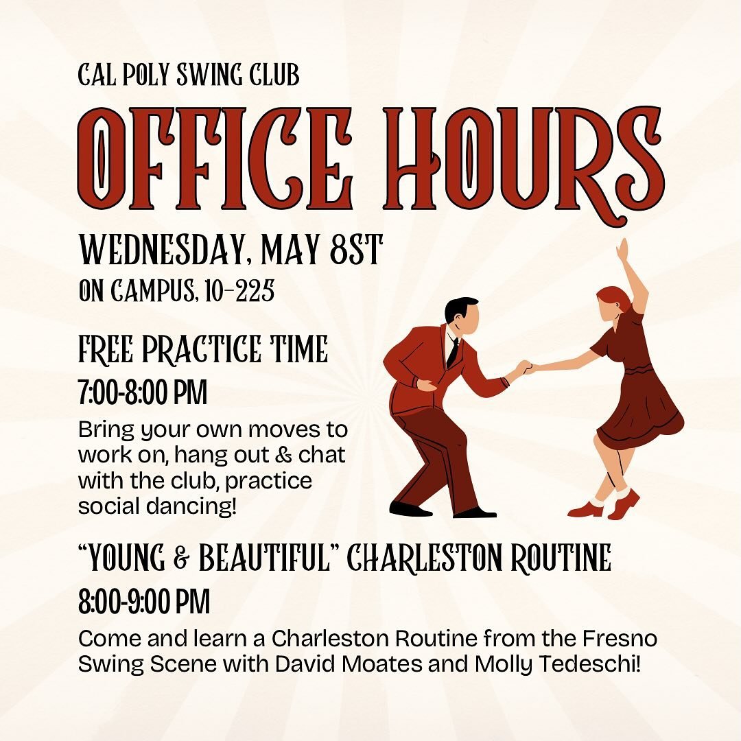 We hope to see you at Office Hours this Wednesday! ✨💃🏼🪩

&mdash;

#swingdancing #calpoly #calpolyswing #calpolyswingdance #swing #partnerdance #vintage #charleston #1920s