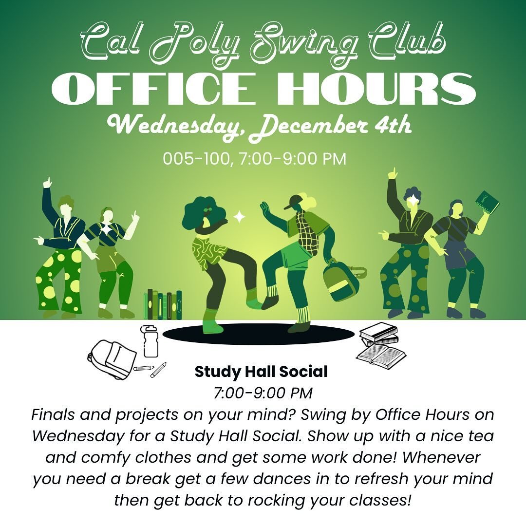 Week 10 got you stressed? Swing by office hours this week for a study hall social. Bring you homework, connect with others for help, and dance the nerves away when you need a break! 📚🪩