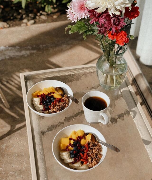 Palm Springs mornings ✨ In the bowls: plant-based yogurt, banana, mango, blueberries, pomegranate seeds, soaked goji berries (hot tip from @kenzieburke) and @purely_elizabeth blueberry granola.