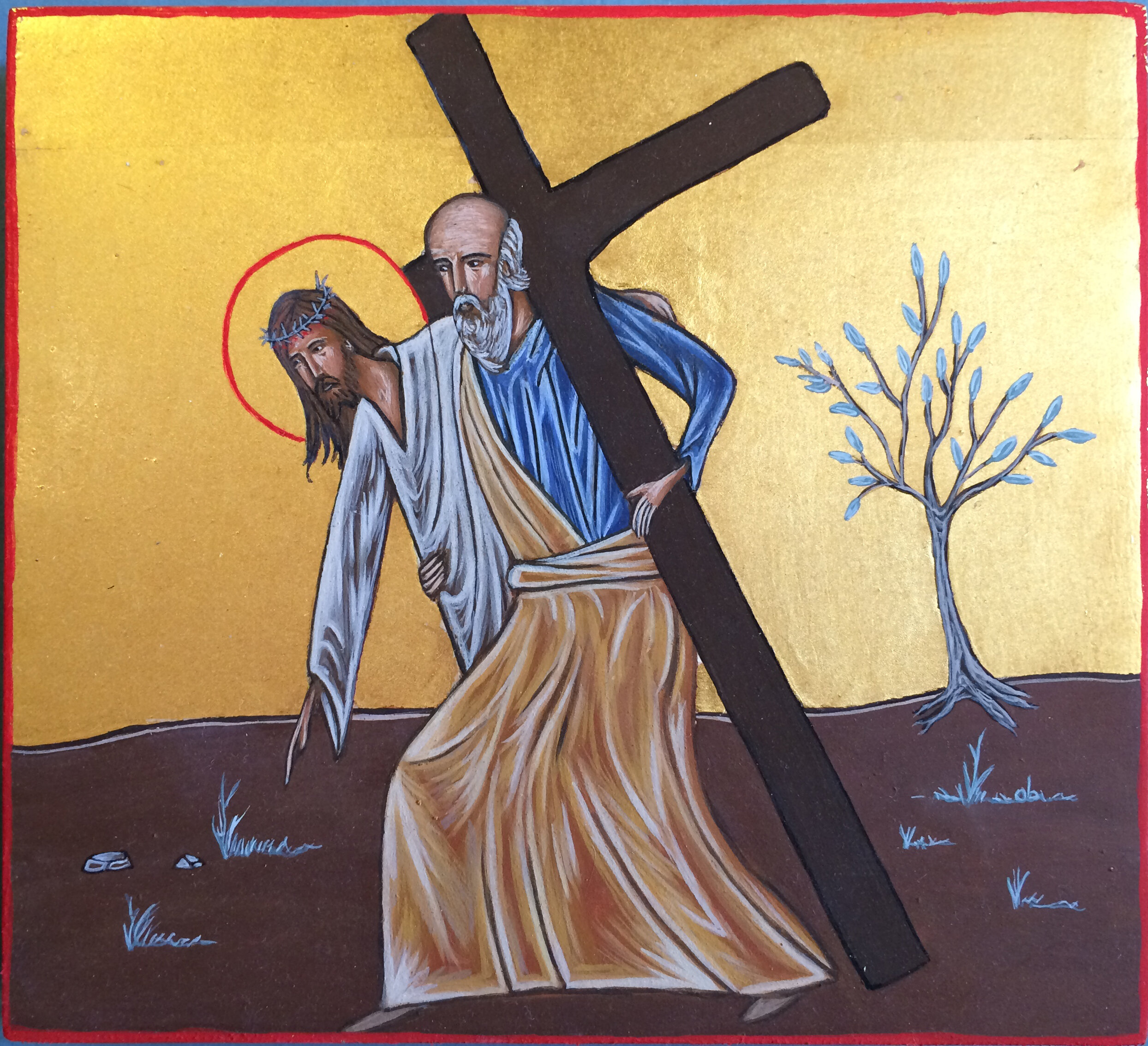 Simon le Cyrénéen aide Jésus à porter sa croix