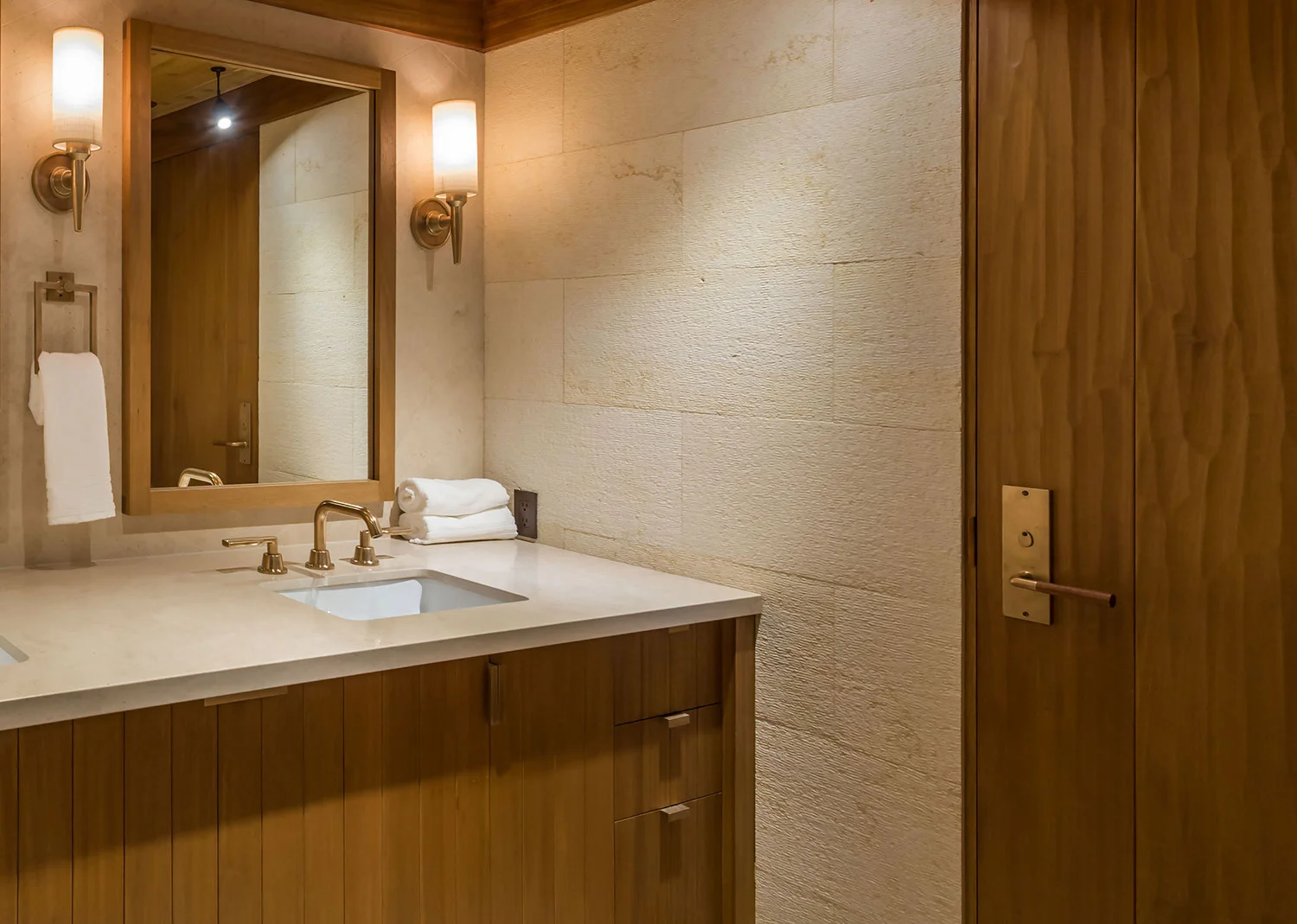 LF-07 Lavatory Faucet with LF-99 Levers and Bell-1001 Escutcheons . CK-501 Cabinet Edge Pulls . TR-9108 Towel Ring with P-926 Escutcheon. LSC-1050 Olson Wall Sconce . Shown in S1 Finish