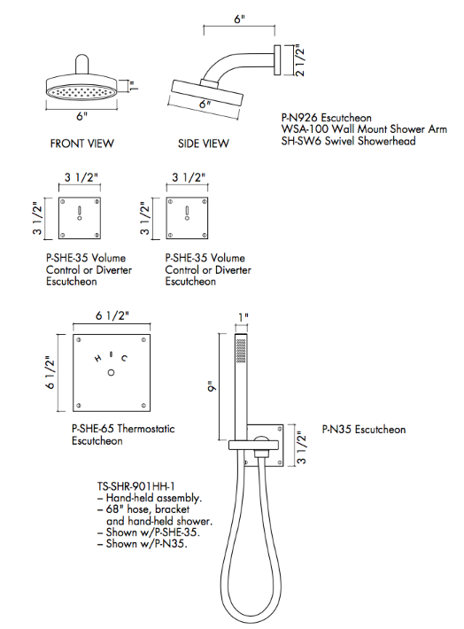 TS-SHR-100 / TS-SHR-901HH-1 SQ Thermostatic Shower Set with Hand-held Shower and Square Escutcheons Specifications