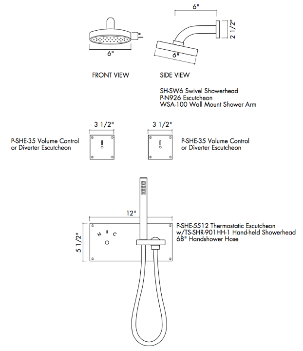 TS-SHR-100 P-SHE-5512 / TS-SHR-901HH-1 SQ Thermostatic Shower Set with Hand-held Shower and Square Escutcheons Specifications