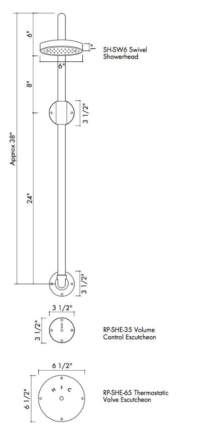 TS-SHR-900 RND Exposed Wall Mount Thermostatic Shower Set with Round Escutcheons Specifications
