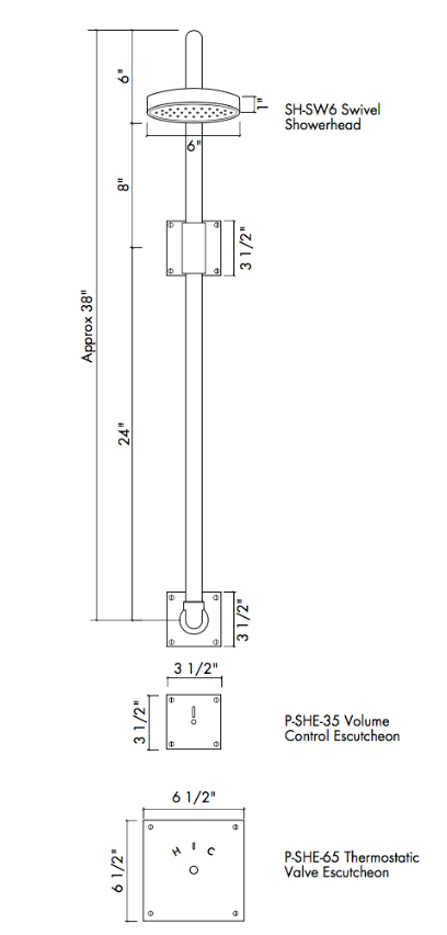 TS-SHR-900 SQ Exposed Wall Mount Thermostatic Shower Set with Square Escutcheons Specifications