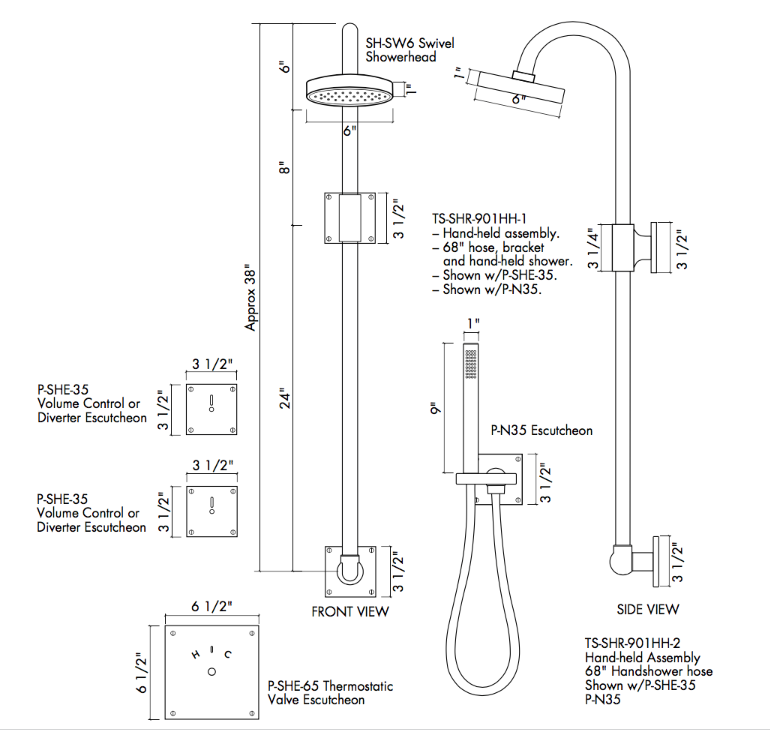 TS-SHR-900 / TS-SHR-901HH-1 SQ Exposed Wall Mount Thermostatic Shower Set with Hand-held Shower and Square Escutcheons Specifications