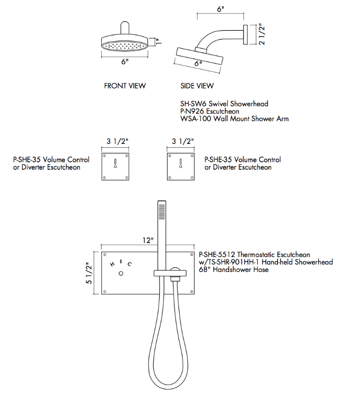 TS-SHR-100/P-SHE-5512/TS-SHR-901HH-2 SQ Thermostatic Shower Set with Hand-held Shower and Square Escutcheons Specifications