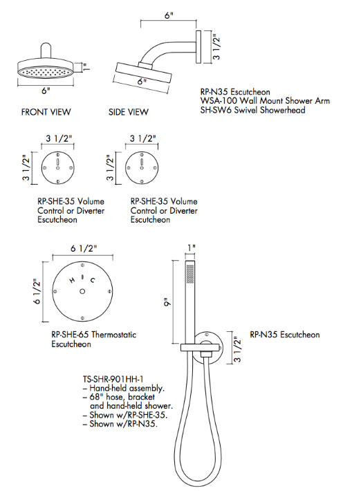 TS-SHR-100 / TS-SHR-901HH-1 RND Thermostatic Shower Set with Hand-held Shower and Round Escutcheons Specifications