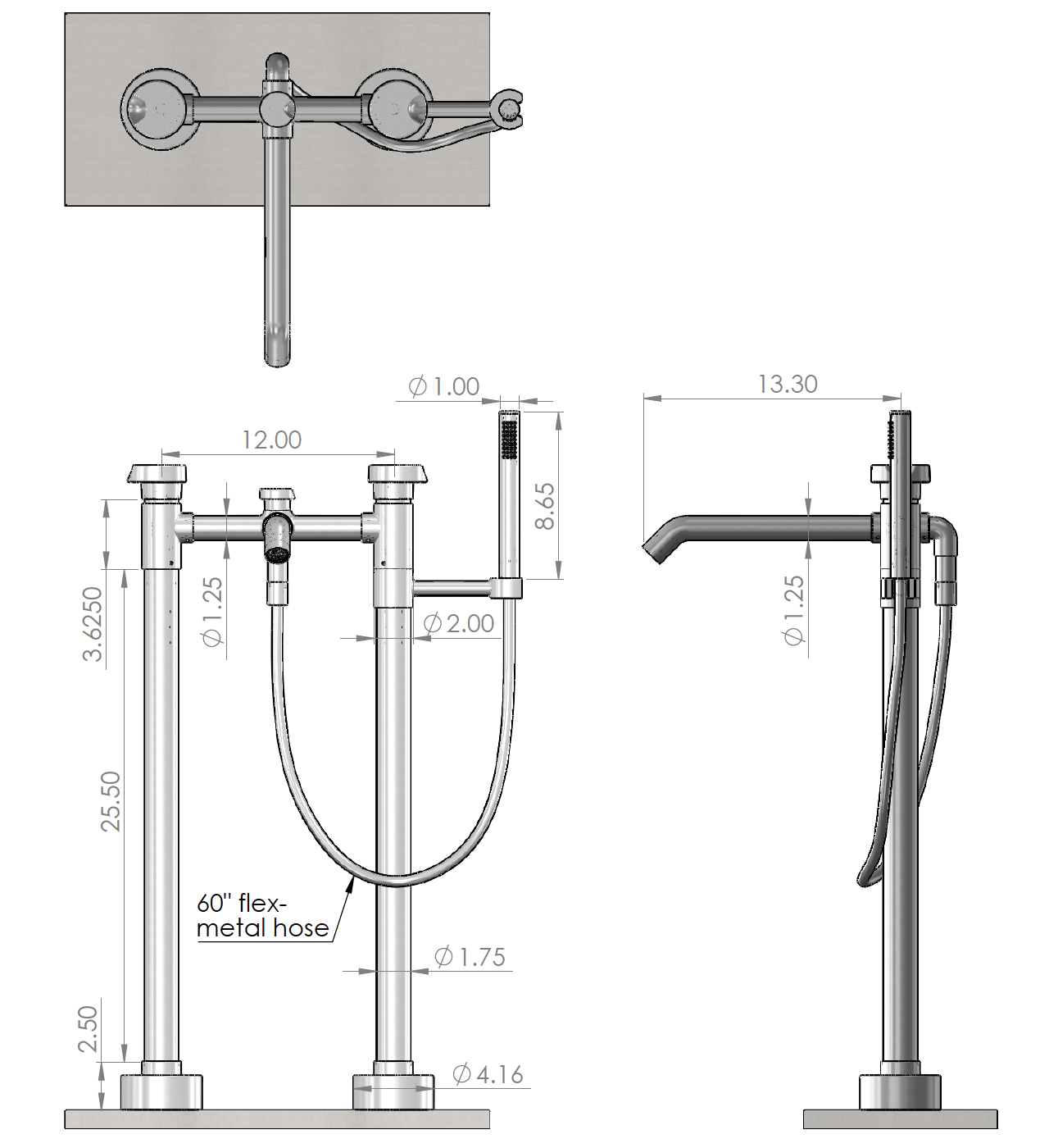 CS-FTF-1000 SHR901-HH Free Standing Tub Filler with Hand Shower Assembly Specifications