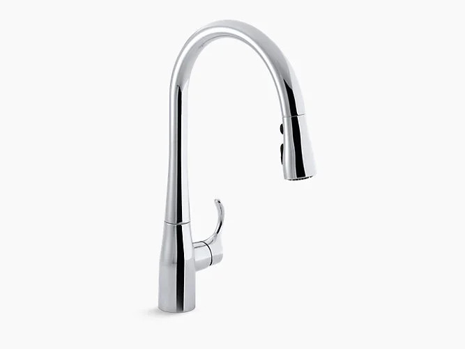 Simplice® kitchen sink faucet  | Combines an elegant, universal design with exceptional ergonomics and functionality. The high-arch swing spout rotates 360 degrees, while the smoothly maneuvering sprayhead pulls down into the sink for up-close task