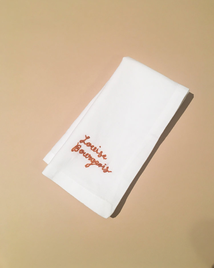  “Feminist Napkins”, ongoing series.  Hand embroidery on cotton dinner napkins. 