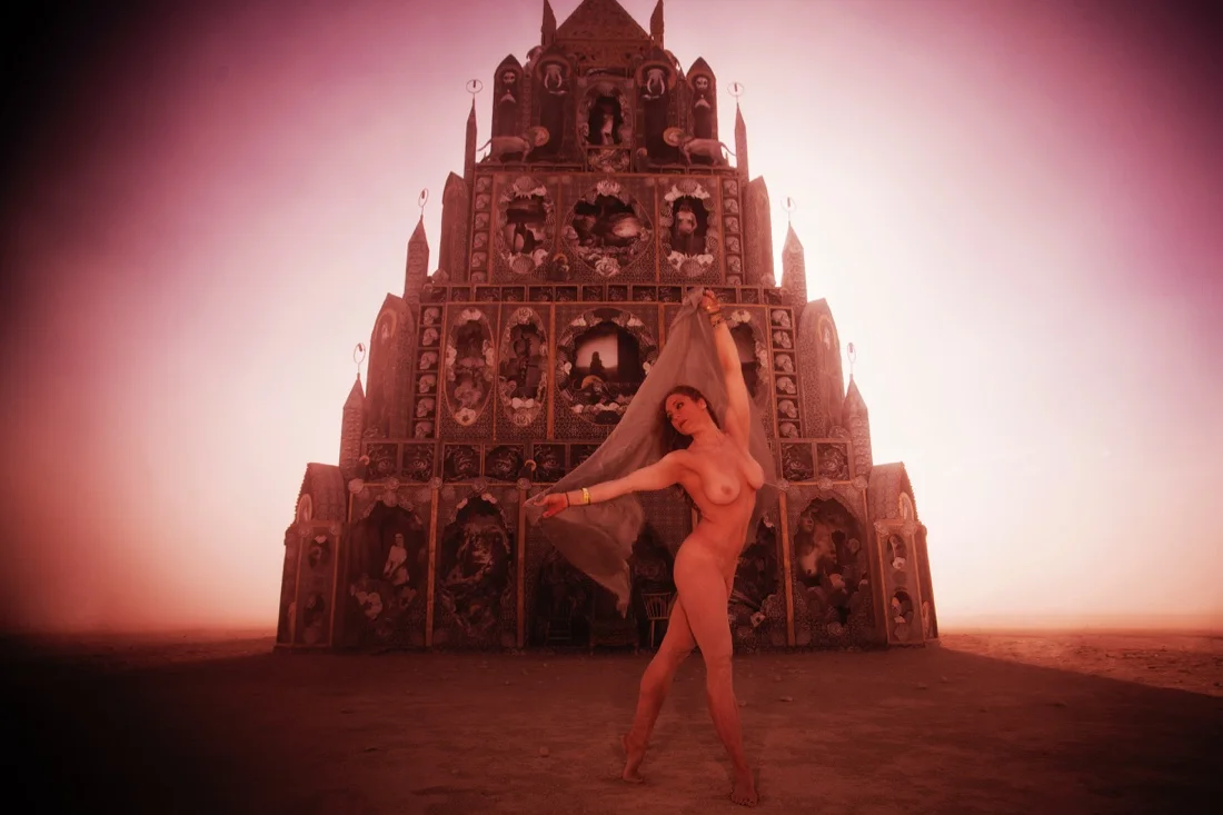 Burning Man 2015 142; Playa Dust Storm Totem Of Confessions Jessica Naked Sunset Silhouette.jpg