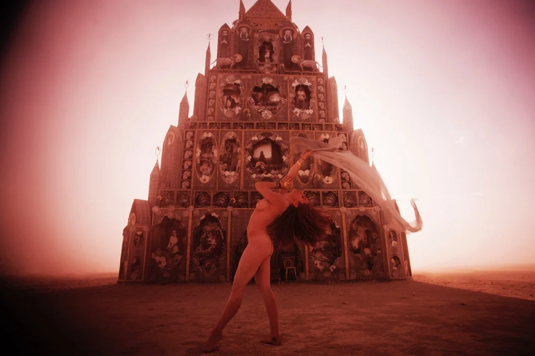 Burning Man 2015 144; Playa Dust Storm Totem Of Confessions Jessica Naked Sunset Silhouette.jpg