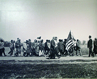 "Civil Rights Marchers Walking from Selma to Montgomery, Alabama, on Monday, March 23, 1965,''