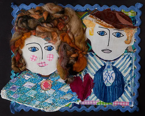 "Love Outside the Box'' (mixed media), by Betsy Cook, in her show "Stitches in Time,''&nbsp;&nbsp;at the Monkitree, gallery, in Gardiner, Maine, through Aug. 24.