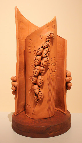 "Protection,''by Dariush Rose, in the group show "Stories from Far and Near: Refugee Artists in New Haven.'' Rose is from Iran. Other artists in the show are from Congo, Iraq and Mauritania, all usually pretty terrible places, but especially in the last few decades.