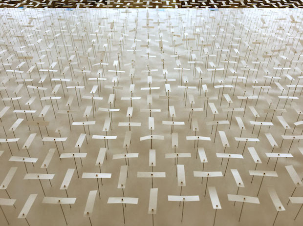 "6052 days + nights (8.29 years) (vellum and insect pins on vellum-covered foam board), by Ann Wessman, in her show "Being Vertical + Horizontal,'' at the Kingston Gallery, Boston, through Oct. 2.