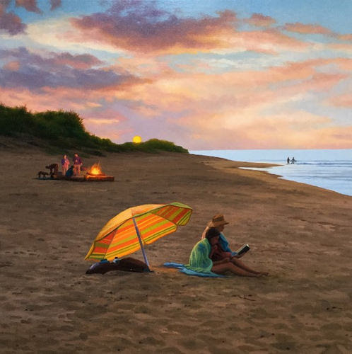 "Beach at Sunset'' (oil on panel) by Scott Prior, in the show "Scott Prior's New Paintings,'' at Alpha Gallery, Boston, through Nov. 30. His work includes paintings from every season in New England.
