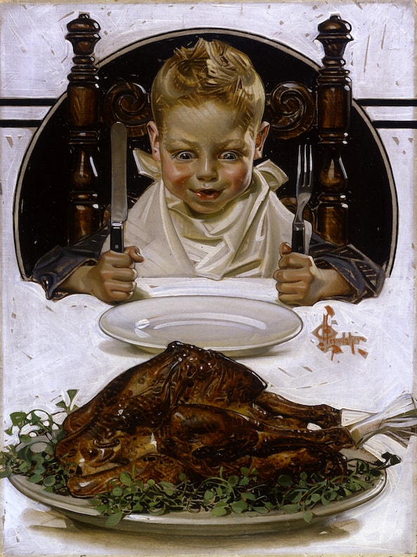 "Ready for Thanksgiving Feast'' (oil on canvas), by J.C. Leyendecker (1874–1951), at the National Museum of American Illustration, Newport, R.I. This kid's family was presumably very happy that World War I had ended on Nov. 11, 1918. But in part because of ill-considered, revenge-seeking peace treaties signed in 1919, there would be another, even worse, world war in 20 years. Perhaps the boy who was the model for the one here would fight in it. Perhaps he'd look back longingly at the family feasts of his childhood as he ate his Army K-rations. This turkey, raised before big-time agribusiness, would never pass muster now -- too skinny, not enough steroids and antibiotics.
Normal
0
false
false
false
EN-US
JA
X-NONE
/* Style Definitions */
table.MsoNormalTable
{mso-style-name:"Table Normal";
mso-tstyle-rowband-size:0;
mso-tstyle-colband-size:0;
mso-style-noshow:yes;
mso-style-priority:99;
mso-style-parent:"";
mso-padding-alt:0in 5.4pt 0in 5.4pt;
mso-para-margin:0in;
mso-para-margin-bottom:.0001pt;
mso-pagination:widow-orphan;
font-size:12.0pt;
font-family:Cambria;
mso-ascii-font-family:Cambria;
mso-ascii-theme-font:minor-latin;
mso-hansi-font-family:Cambria;
mso-hansi-theme-font:minor-latin;}
Image courtesy of, and copyrighted by, American Illustrators Gallery, New York, N.Y., 2016.