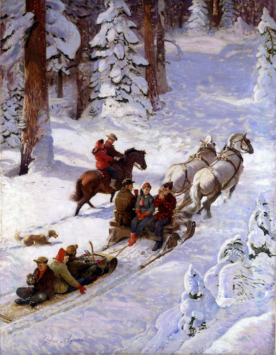 "Winter Sleigh Ride'' {would there be a summer one?} (oil on canvas), by John Clymer (1907-1989), Saturday Evening Post cover, Dec. 17, 1949, at the National Museum of American Illustration, Newport, RI. ( © Image courtesy American Illustrators Gallery, NYC, 2016)