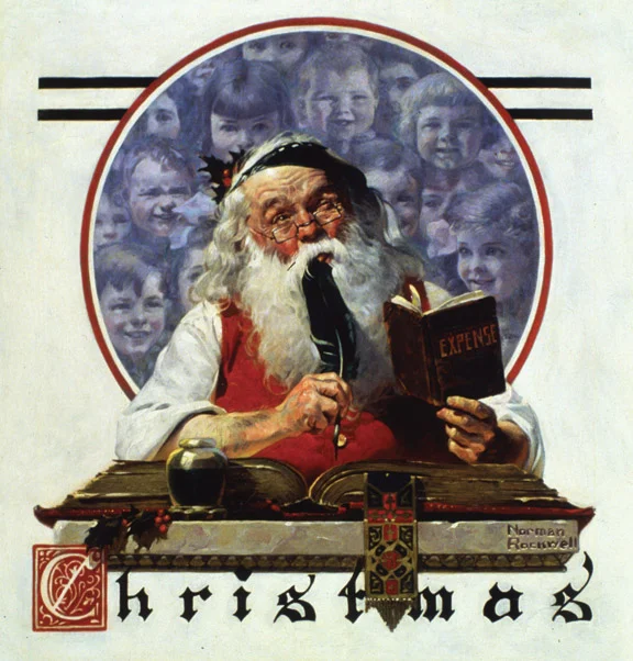 "Santa and Expense Book'' (oil on canvas), by Norman Rockwell, for the Saturday Evening Post cover of Dec. 4, 1920. This is in the collection of the National Museum of American Illustration, Newport, R.I. Image courtesy of American Illustrators Gall…