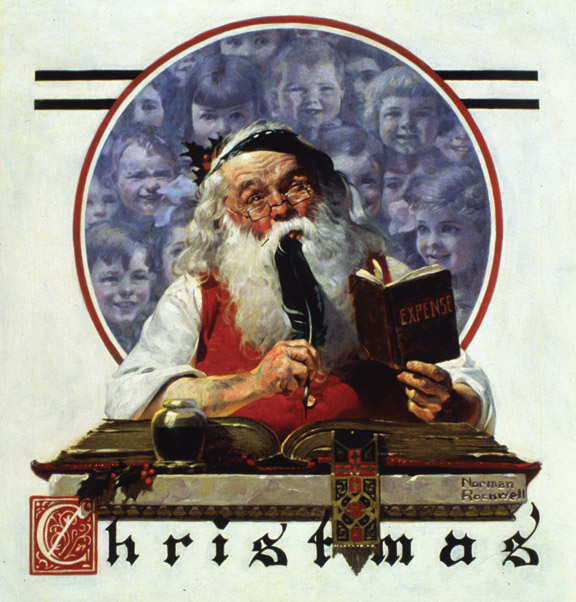 "Santa and Expense Book'' (oil on canvas), by Norman Rockwell, for the Saturday Evening Post cover of Dec. 4, 1920. This is in the collection of the National Museum of American Illustration, Newport, R.I. Image courtesy of American Illustrators Gallery, NYC.