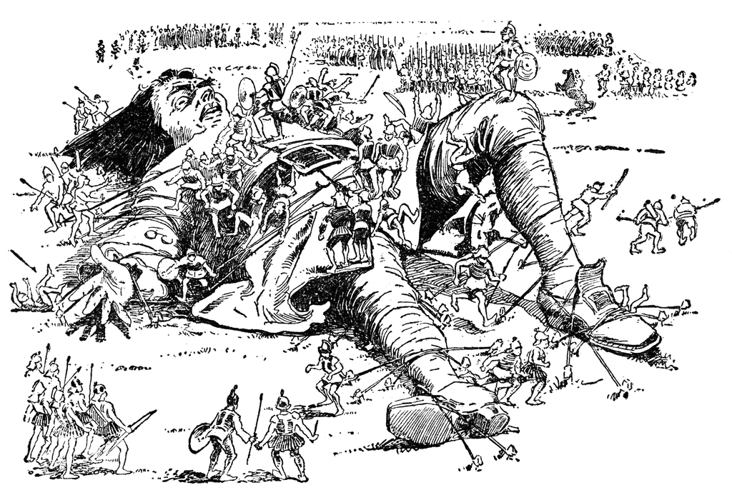 Gulliver tied down by the Lilliputians.