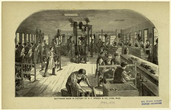 In the B.F. Spinney &amp; Co. shoe factory in Lynn, Mass., in&nbsp;1872.