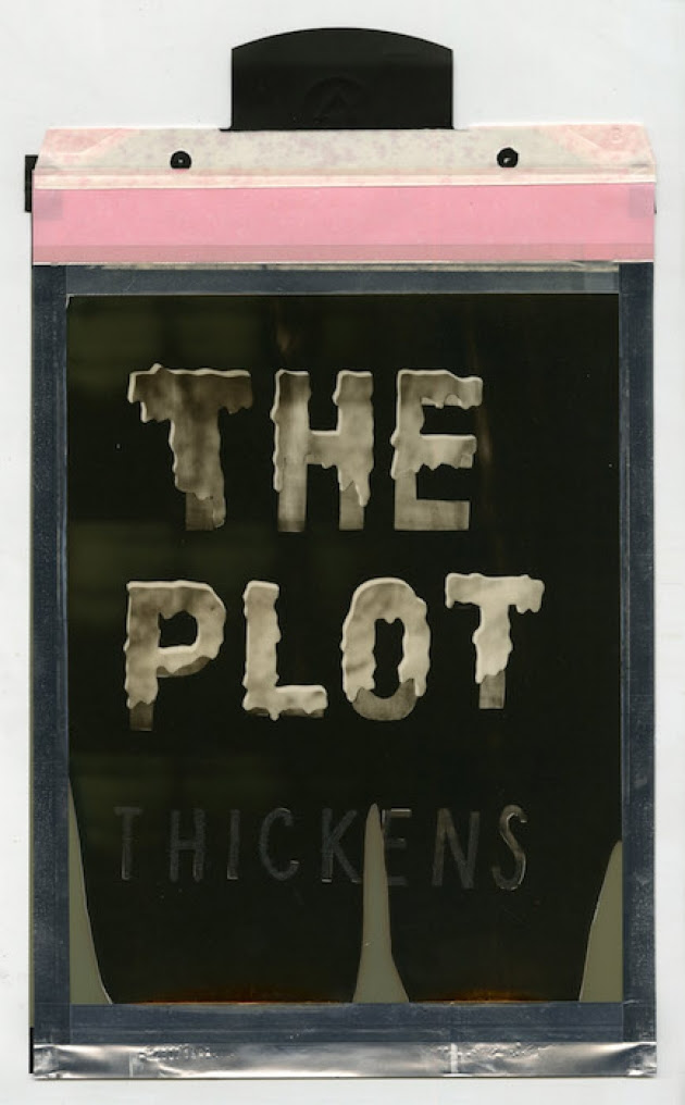 "The Plot Thickens (silver shade instant film), by Corey Escoto, in his show "A Routine Pattern of Troubllng Behavior,'' at Samson Gallery, Boston, through April 1. The Carnegie Museum of Art observed: 'The two- and three-dimensional works of Corey Escoto meditate on the production and consumption of illusion, both in terms of what we accept as photographic truth and, more broadly, how we distinguish fact from fiction in an ever more manipulated, media-saturated world.''