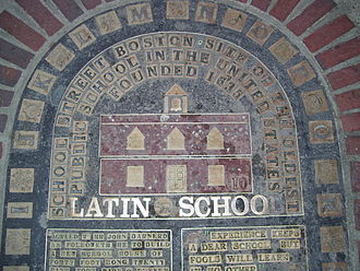 Marker commemorating the first location of the Boston Latin School, on School Street, founded in 1635 and the first public school in what would become the United States .