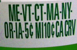 Deposit notice on a bottle sold in continental U.S. indicating the container's deposit value in various states; "CA CRV" means ''Cash Redemption Value.''