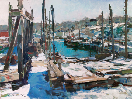 "Marine Railways, 2014'' (acrylic on canvas), by Charles Movalli (1945–2016), in the show "Charles Movalli; Cape Ann &amp; Beyond,'' at the &nbsp;Cape Ann Museum, Gloucester, Mass. March 4-May 21. 